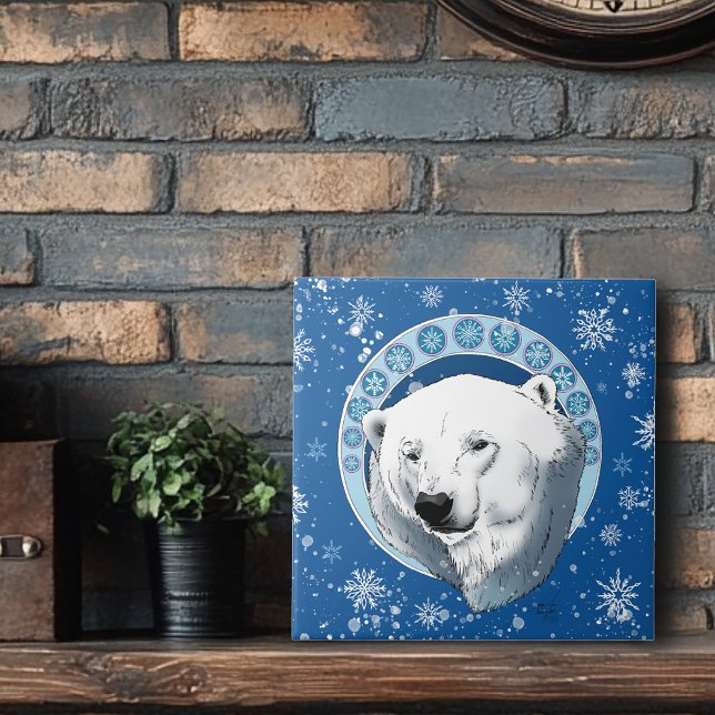 Serene Blue Art Nouveau Polar Bear Snowflakes Ceramic Tile (Creator Uploaded)