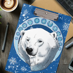 Serene Blue Art Nouveau Polar Bear Snowflakes Clipboard