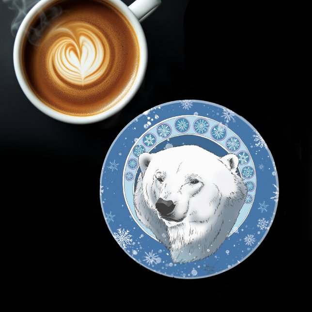 Serene Blue Art Nouveau Polar Bear Snowflakes Coaster (Creator Uploaded)