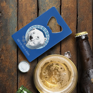 Serene Blue Art Nouveau Polar Bear Snowflakes Credit Card Bottle Opener