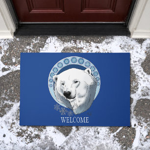 Serene Blue Art Nouveau Polar Bear Snowflakes Doormat