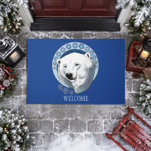 Serene Blue Art Nouveau Polar Bear Snowflakes Doormat