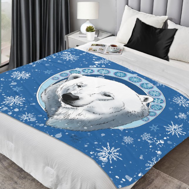 Serene Blue Art Nouveau Polar Bear Snowflakes Fleece Blanket (Creator Uploaded)