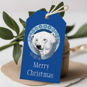 Serene Blue Art Nouveau Polar Bear Snowflakes Gift Tags