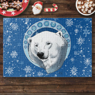 Serene Blue Art Nouveau Polar Bear Snowflakes Jigsaw Puzzle