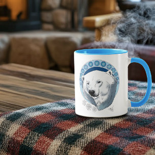 Serene Blue Art Nouveau Polar Bear Snowflakes Mug