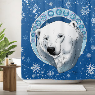 Serene Blue Art Nouveau Polar Bear Snowflakes Shower Curtain