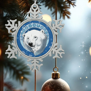 Serene Blue Art Nouveau Polar Bear Snowflakes Snowflake Pewter Christmas Ornament