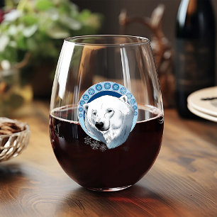 Serene Blue Art Nouveau Polar Bear Snowflakes Stemless Wine Glass