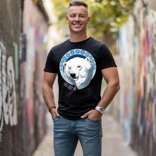 Serene Blue Art Nouveau Polar Bear Snowflakes T-Shirt