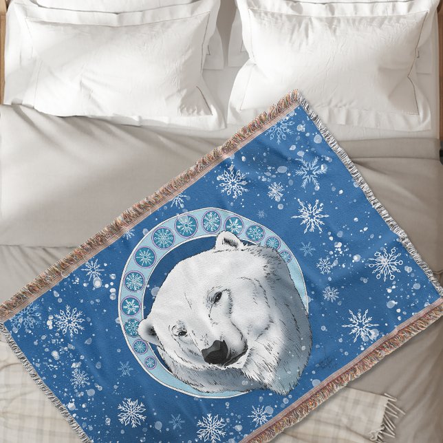 Serene Blue Art Nouveau Polar Bear Snowflakes Throw Blanket (Creator Uploaded)