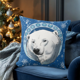 Serene Blue Art Nouveau Polar Bear Snowflakes Throw Pillow