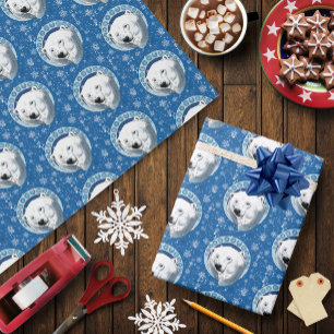 Serene Blue Art Nouveau Polar Bear Snowflakes Wrapping Paper