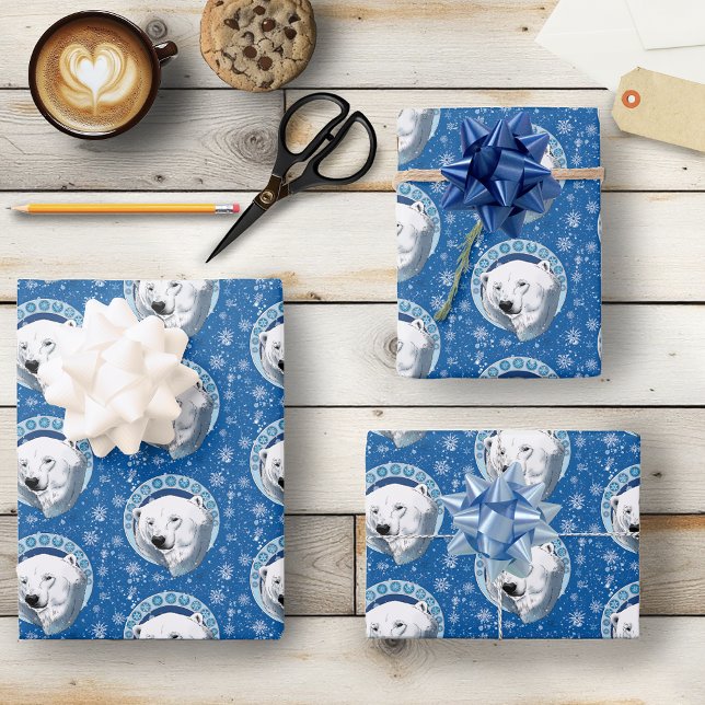 Serene Blue Art Nouveau Polar Bear Snowflakes Wrapping Paper Sheets (Creator Uploaded)