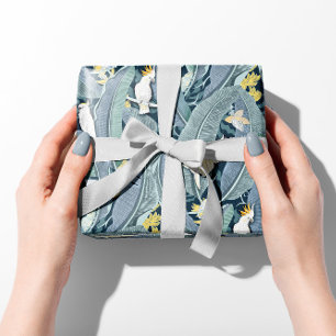 Serene Blue Banana Leaf Oasis with Cockatoos Wrapping Paper
