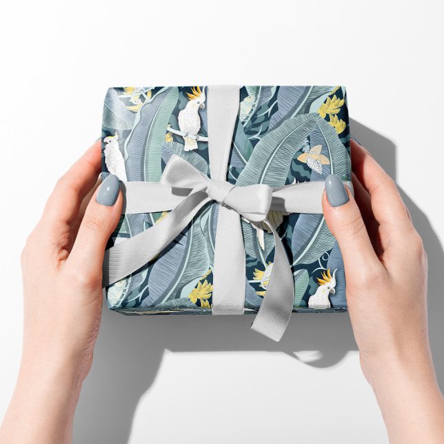 Serene Blue Banana Leaf Oasis with Cockatoos Wrapping Paper (Creator Uploaded)