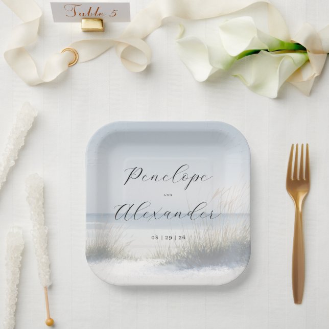 Serene Blue Beach Scene Paper Plates (Wedding)