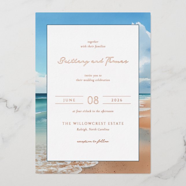 Serene Blue Beach Waves Foil Invitation (Front)