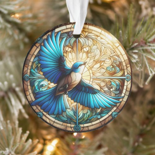 Serene Blue Bird Perched on Stained Glass Ornament