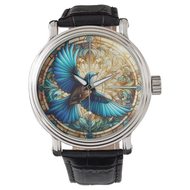 Serene Blue Bird Perched on Stained Glass Watch (Front)