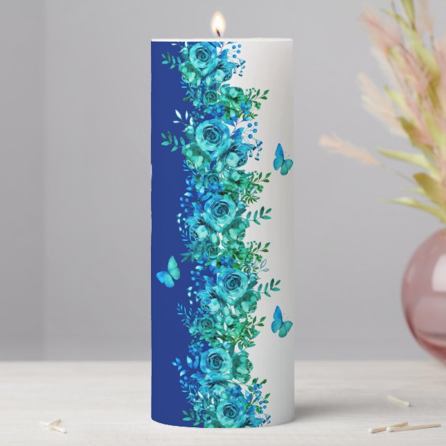 Serene Blue Blossoms and Butterflies Pillar Candle (In Situ)