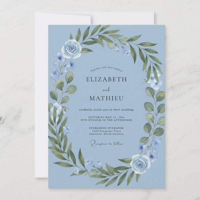 Serene Blue Botanical Floral Wedding Invitation (Front)