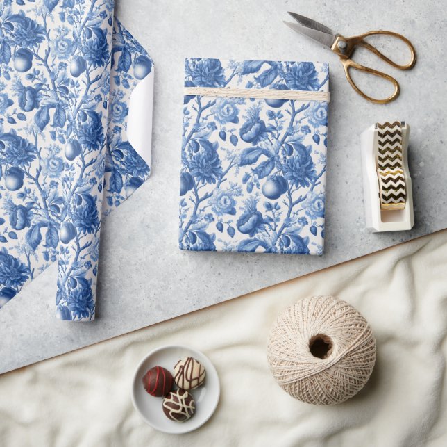 Serene Blue Botanical Tapestry Wrapping Paper (Crafts)