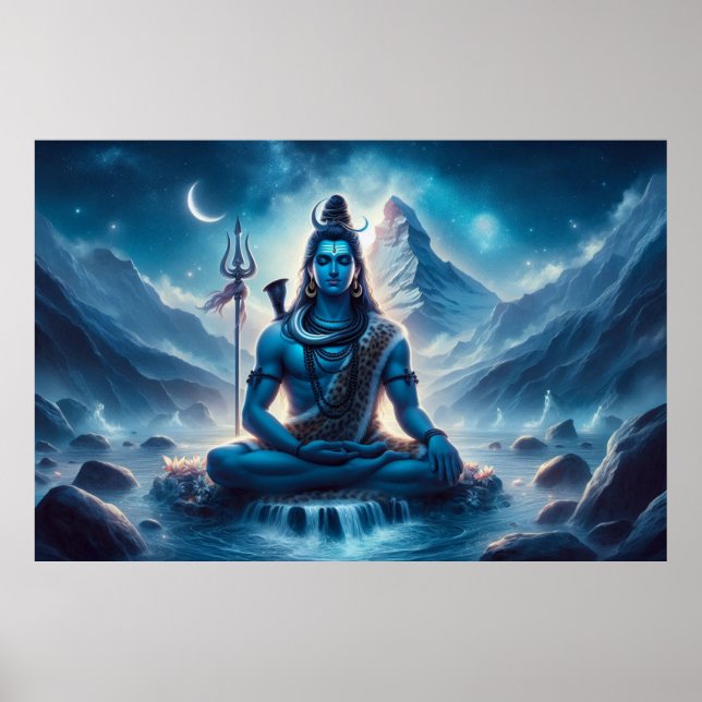 Serene Blue Cosmic Artwork Lord Shiva Meditation  Poster (Front)