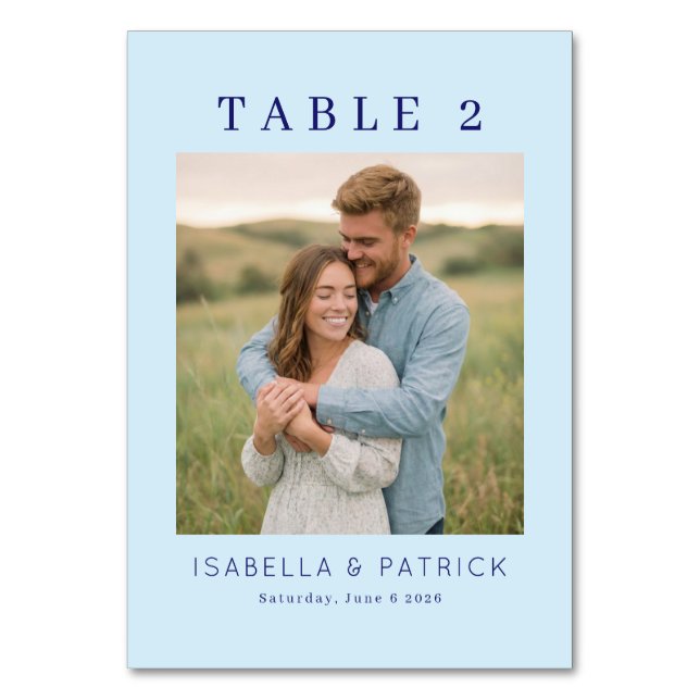 Serene Blue Elegant Photo Table Number (Front)