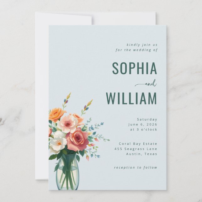 Serene Blue Floral Bouquet Invitation (Front)