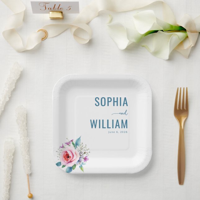 Serene Blue Floral Elegancy Paper Plates (Wedding)