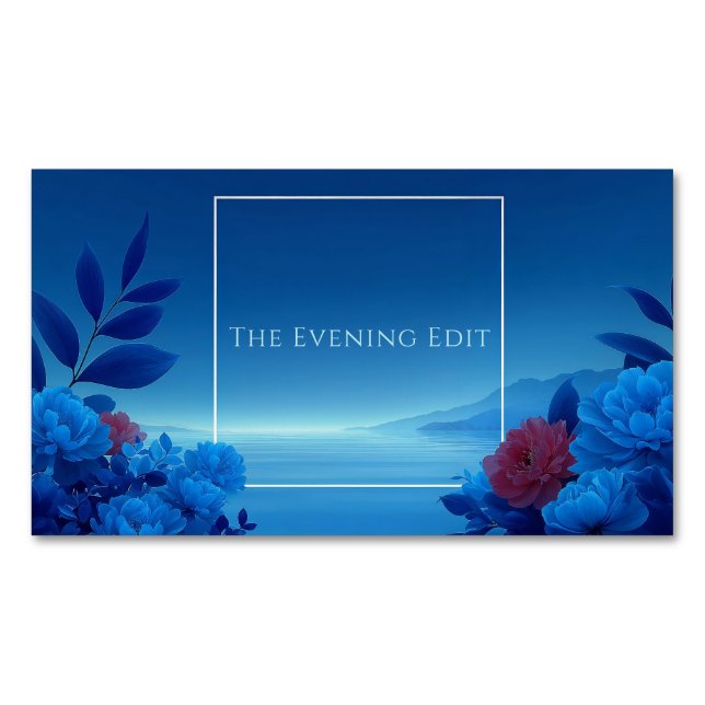 Serene Blue Floral Seascape Pink Accent Business Card Magnet (Front)