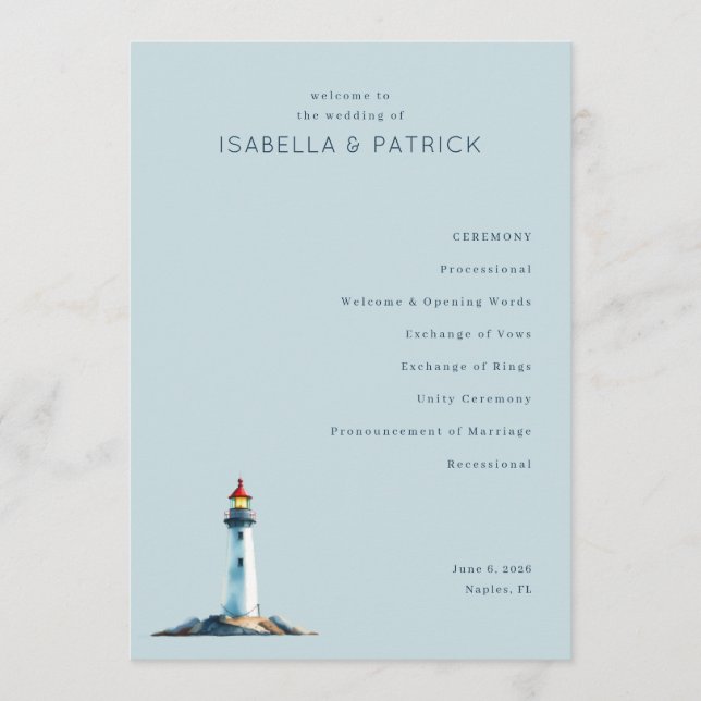 Serene Blue Lighthouse Wedding Ceremony Program (Front)