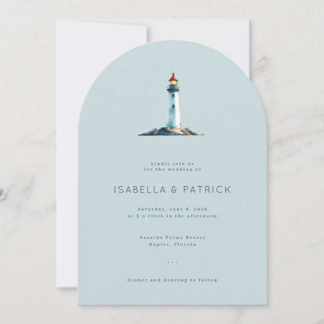 Serene Blue Minimalist Lighthouse Invitation (Front)