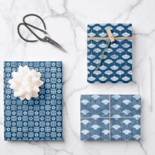 Serene Blue Motifs: Fans, Waves & Geometric Design Wrapping Paper Sheets