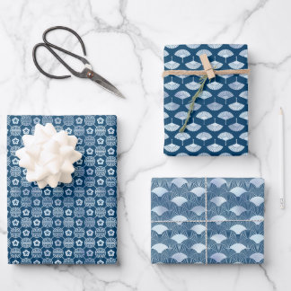 Serene Blue Motifs: Fans, Waves & Geometric Design Wrapping Paper Sheets