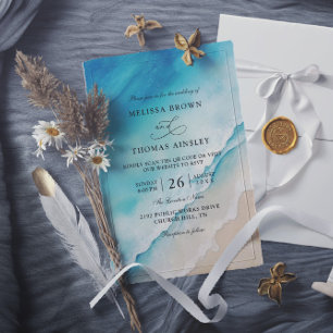 Serene Blue Ocean Beach Budget QR Code Wedding Invitation