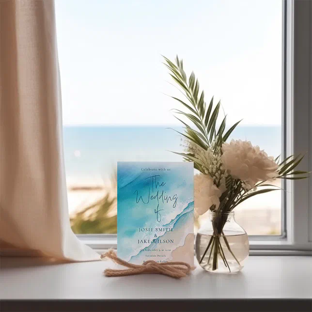 Serene Blue Ocean Beach watercolor wedding Invitation
