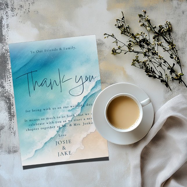 Serene Blue Ocean Beach Wedding Thank You Cards (Wedding "Thank you" card with message and a golden sandy beach and blue ocean background)