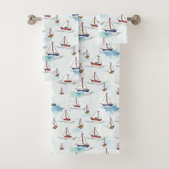 Serene Blue Red Sailing Boats on Sea Pattern Bath Towel Set (Insitu)
