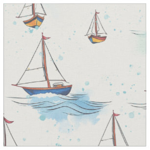 Serene Blue Red Sailing Boats on Sea Pattern  Fabric