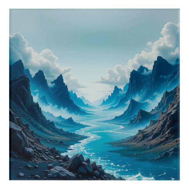 Serene Blue River Flowing Amidst Dramatic Mountain Acrylic Print (Front)