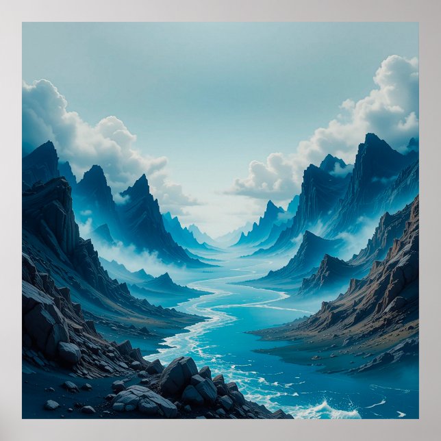 Serene Blue River Flowing Amidst Dramatic Mountain Poster (Front)