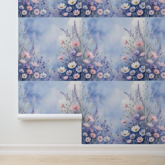 Serene Blue Sky Wildflower Peel and Stick Wallpaper (Application)