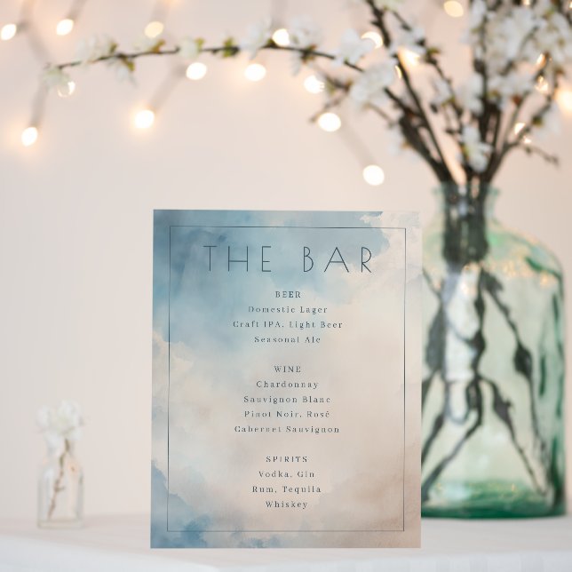 Serene Blue Watercolor Bar Menu Foam Board (In Situ (Wedding))