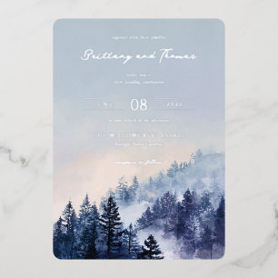 Serene Blue Watercolor Forest Scene Foil Invitation