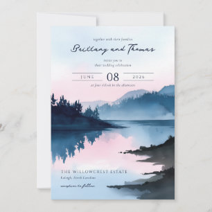 Serene Blue Watercolor Lakeside Scene Invitation
