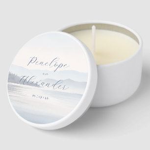 Serene Blue Watercolor Lakeside Scene Mini Candle Favors