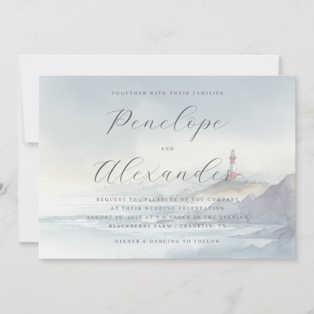 Serene Blue Watercolor Lighthouse Invitation (Front)