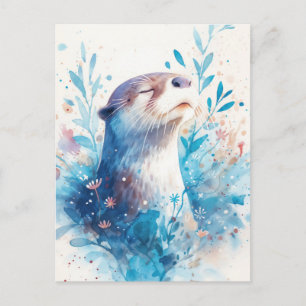 Serene Blue Watercolor Otter in Garden Postcard